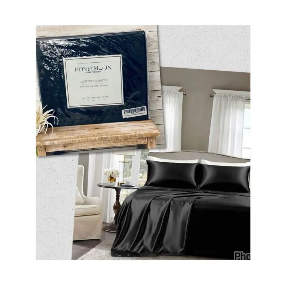 NWT Gorgeous Honeymoon Queen Black Luxury Soft Shiny Smooth Satin 4 pc Sheet Set